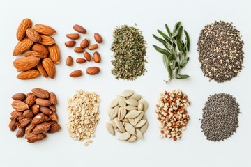 Poster - Various organic seeds, nuts, and herbs are beautifully arranged on a clean white background, offering ample space for text or branding. Generative AI
