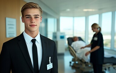 Poster - A young professional, standing in a large medical center, next to a friendly nurse, is helping a patient. Reflects the modern medical environment and calm atmosphere

