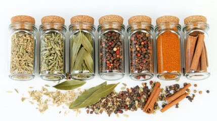 Fototapete - Small jars filled with vibrant spices, surrounded by aromatic bay leaves and cinnamon sticks on a white background, providing ample space for text. Generative AI