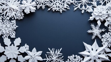 Aufkleber - Delicate white paper snowflakes are arranged along the edges, creating a festive border perfect for adding personalized text. Generative AI
