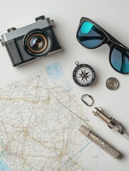 Poster - Travel essentials include a map, compass, camera, and sunglasses, providing everything needed for an adventure itinerary. Generative AI