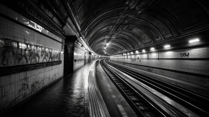 Fototapete - Underground subway tunnel with curved tracks in black and white