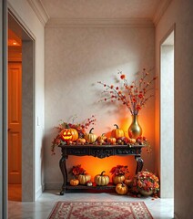 warm orange glow spills into the hallway from a console table adorned with intricately carved pumpki