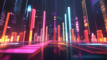 Poster - Colorful Neon Cityscape with Abstract Data Visualization Elements
