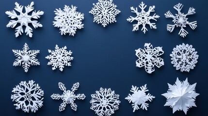 Aufkleber - Delicate white paper snowflakes displayed on a blue background, offering blank spaces for creative messages or designs. Generative AI