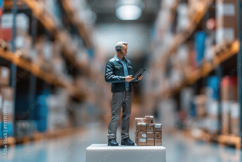 A warehouse worker stands on a platform, using a tablet to manage inventory. Shelves filled with boxes stretch in the background, reflecting a busy storage environment.