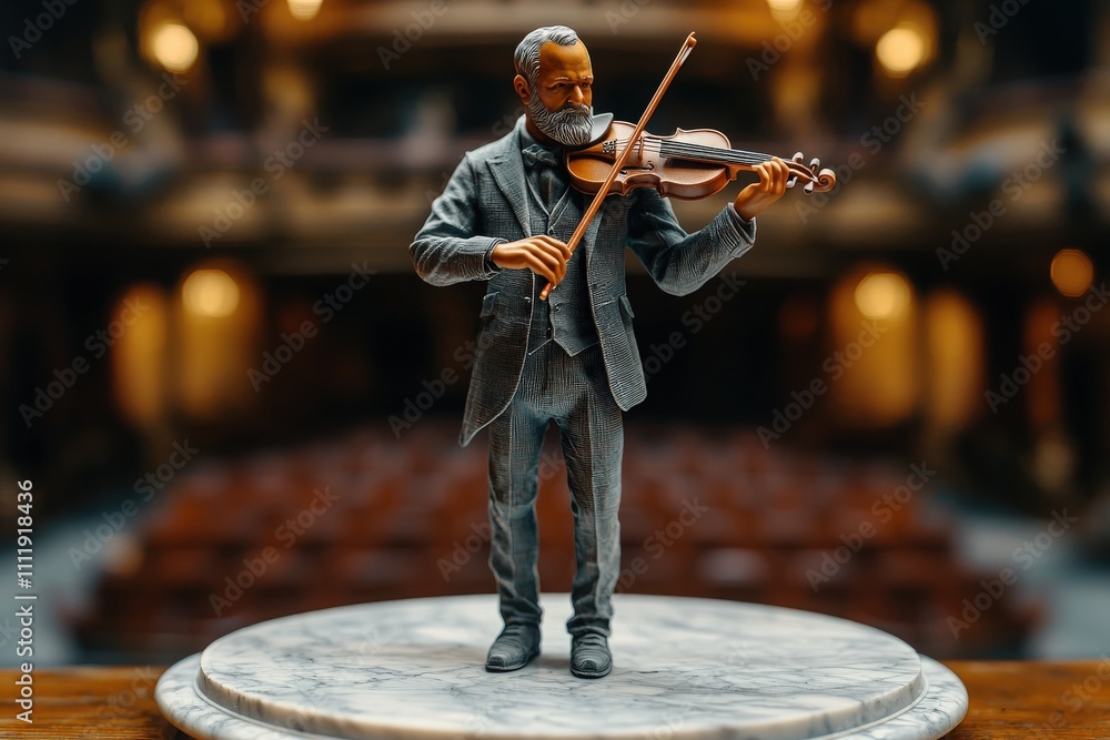 A skilled musician stands on a marble pedestal, passionately playing the violin.