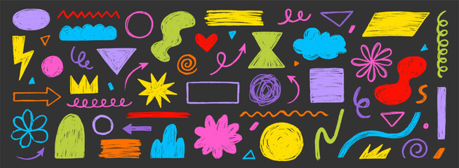 Aufkleber - Crayon doodle color scribble line brush shape. Brush crayon pencil paint stroke texture doodle shape. Vector hand drawn frame background set of abstract design graphic figure. Vector illustration