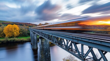 Poster - Fast Train Passing Over Steel Bridge at Sunset in Autumn Landscape