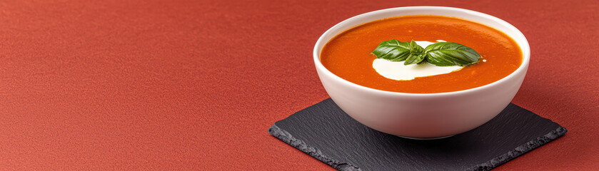 steaming bowl of creamy tomato soup garnished with fresh basil leaves, served on slate plate against warm red background