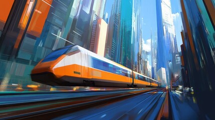 Poster - Futuristic Train in Motion Through a Vibrant Urban Landscape