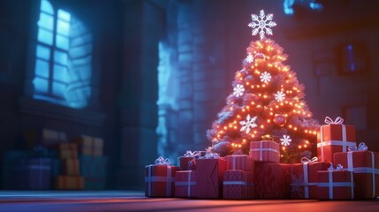 Wall Mural - A glowing Christmas tree with snowflake-shaped lights, surrounded by neatly stacked gifts tied with glittering ribbons.