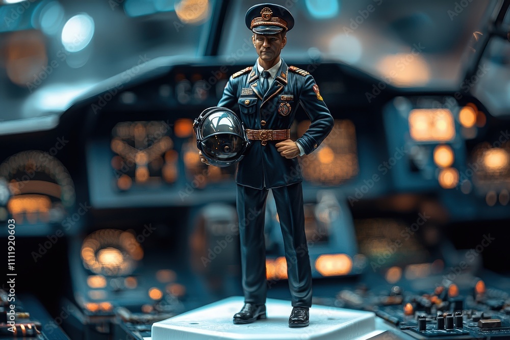 A detailed model of an airplane pilot in uniform stands confidently on a control panel inside the cockpit, showcasing intricate design elements amidst various cockpit instruments.