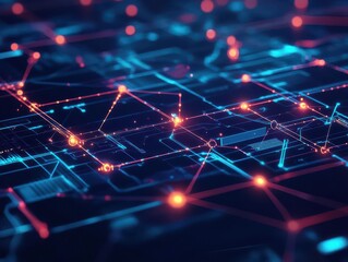 Fototapete - A digital brain pattern composed of interconnected glowing nodes, holographic display style, dark background, highresolution, AI influence