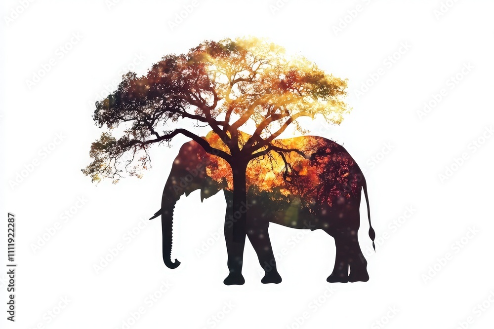 An artistic representation of an elephant silhouette seamlessly merging with a tree, showcasing colorful foliage.