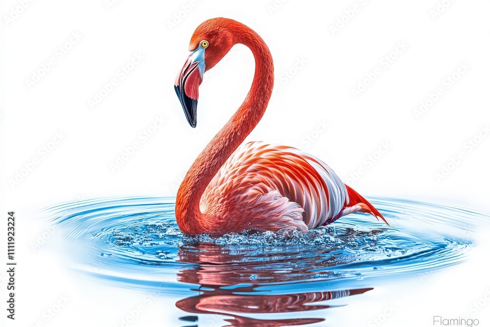 Vibrant flamingo features striking pink and white plumage while wading in tranquil water. Ripples surround its elegant neck, creating a peaceful atmosphere in natural light.