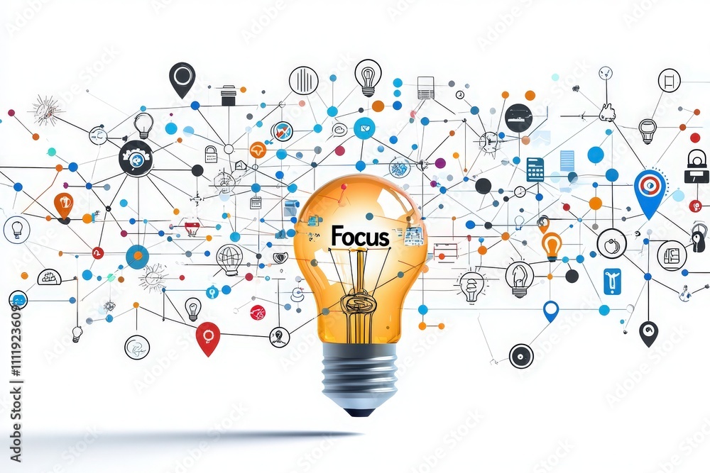 A bright light bulb with the word focus illuminates a web of interconnected icons and symbols representing creativity, technology, and collaboration, suggesting innovation in thinking.