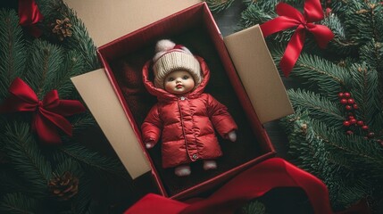 Wall Mural - A holiday gift box with the lid slightly open, revealing a small Christmas doll in a winter jacket, surrounded by festive pine branches and red ribbons.