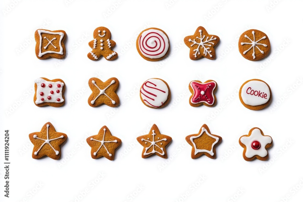 A variety of gingerbread cookies are displayed, showcasing different shapes and colorful icing designs.