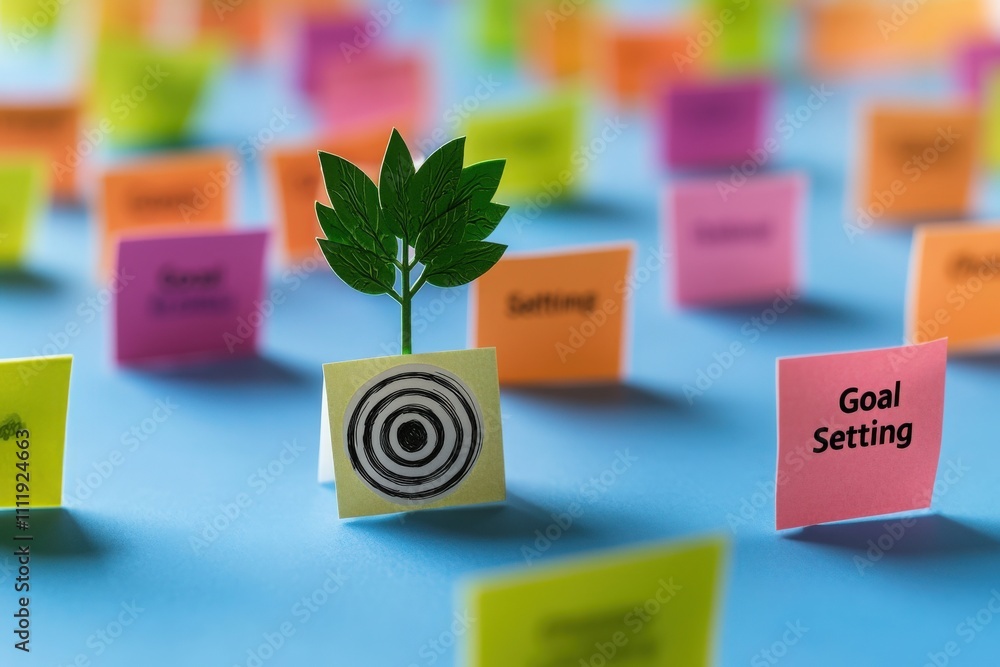 A vibrant workspace features colorful sticky notes scattered across a blue surface. A small plant sits beside a target symbol, emphasizing the importance of goal setting and planning.