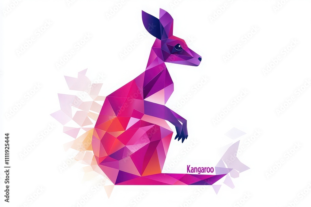 A vibrant, abstract representation of a kangaroo showcases geometric shapes and a mix of purple and pink hues, emphasizing its playful nature in a creative display.