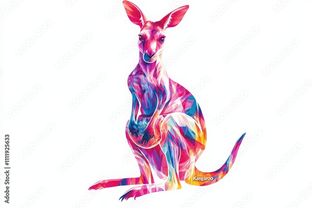 A colorful illustration of a kangaroo featuring geometric shapes and bright hues. The artwork highlights the majestic creature in a playful, abstract style, capturing attention.