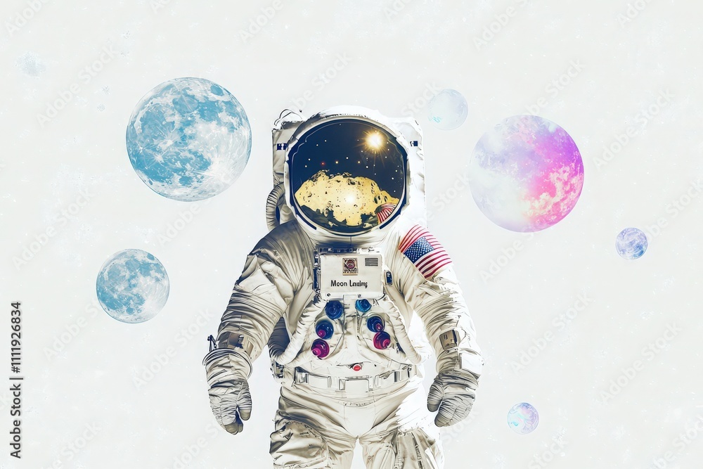 An astronaut in a white spacesuit stands against a backdrop of vibrant moons and planets. The helmet reflects celestial bodies while the figure embodies space exploration and adventure.