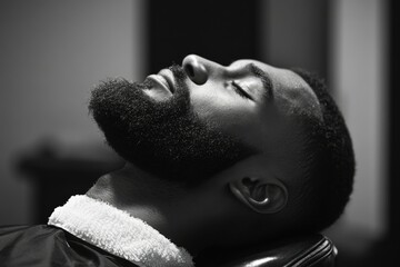 A man with a beard lies relaxed in a barber chair  eyes closed  awaiting a shave or haircut.