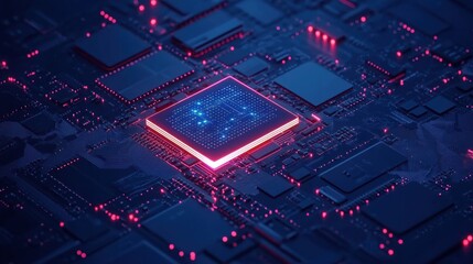 Leinwandbilder - A digital AI chip is embedded in an abstract tech brain, glowing with vibrant circuitry on a dark blue background, showcasing artificial intelligence. Generative AI