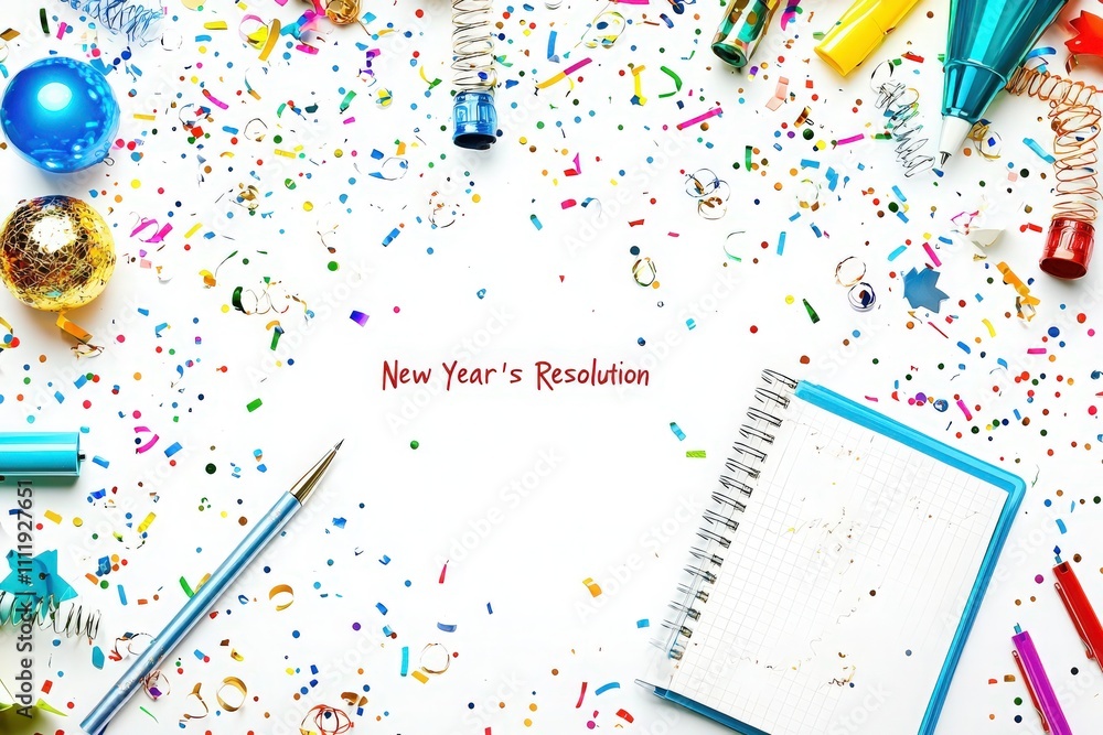 Confetti and colorful decorations surround a blank notebook with a pen, suggesting plans for New Year celebrations and resolutions. A festive atmosphere is created with vibrant colors.
