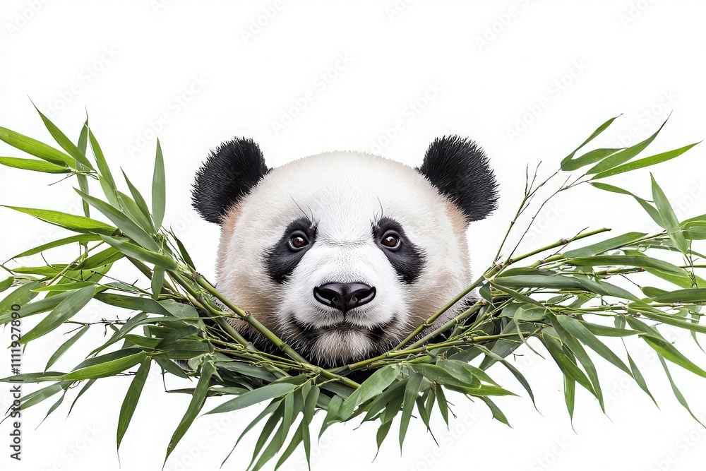 A panda looks curiously from behind a cluster of vibrant green bamboo leaves.