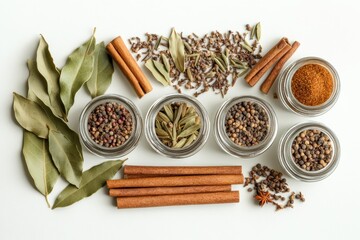 Fototapete - Colorful jars filled with aromatic spices are surrounded by bay leaves and cinnamon sticks, creating an inviting and flavorful display. Generative AI