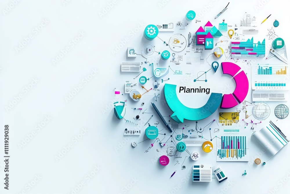 Colorful elements illustrate various aspects of planning, including charts, graphs, and icons representing data analysis, project management, and strategic thinking.