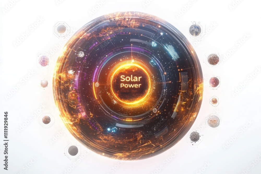 This visual represents solar power, showcasing vibrant energy and modern technology. The design incorporates a circular theme, emphasizing solar energys importance in sustainable solutions.