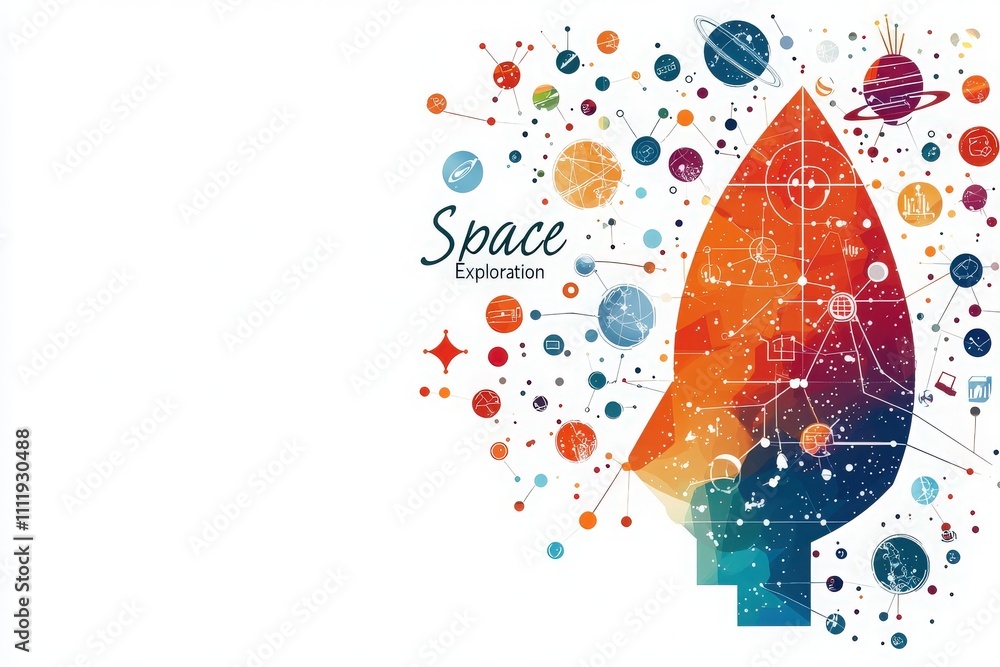 An abstract illustration features vibrant colors representing space exploration.