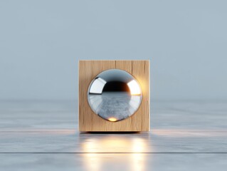 Wall Mural - A wooden block with a reflective sphere on top, illuminated softly, creating a modern and minimalist aesthetic.