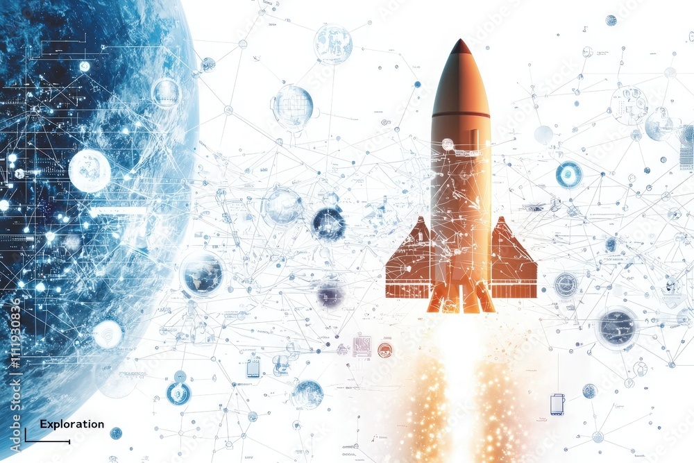 A rocket ascends into space, surrounded by a digital network of stars and celestial bodies, symbolizing the future of exploration and innovation. The vibrant colors represent discovery and technology.