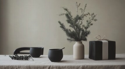 Wall Mural - A minimalist table setup with monochrome-wrapped Christmas gifts and small pine branches as accents.