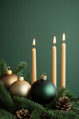 Wall Mural - Candles lit beside festive baubles, pine branches, elegant mood