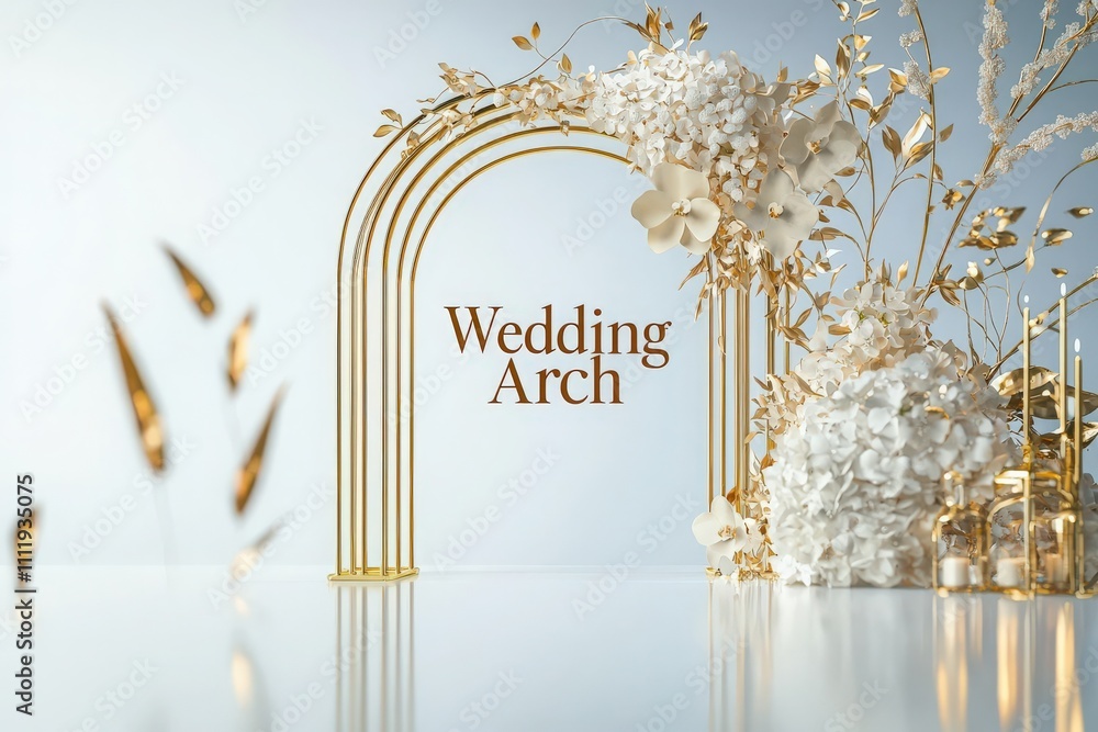 A beautifully designed wedding arch features delicate white flowers and golden elements, creating a stunning focal point for a romantic ceremony. The setting is bright and inviting.