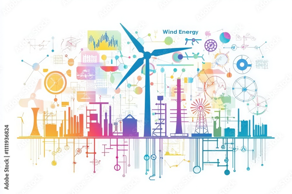 Colorful graphics depict the concept of wind energy with turbines, charts, and various energy-producing structures.