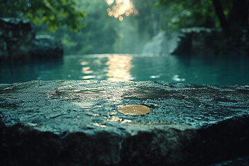 Wall Mural - Wet Stone Near Tranquil Teal Water In Lush Green Forest