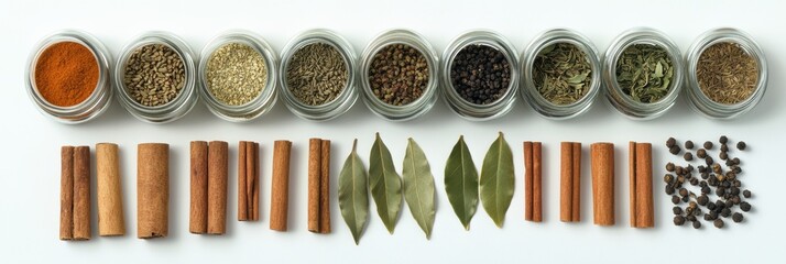Fototapete - Bright jars filled with various spices, alongside bay leaves and cinnamon sticks, create an aromatic display on a clean white surface. Generative AI