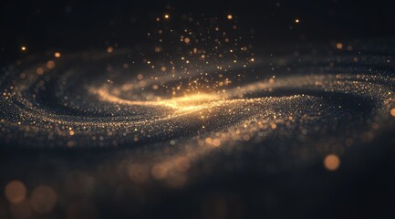 a dark background with gold particles and lights. a blurred image of an abstract galaxy in the cente