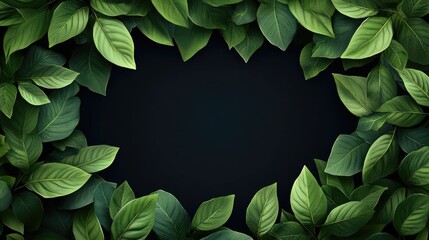 Wall Mural - Vibrant green leaves frame a dark background, creating a lush and calming visual experience.