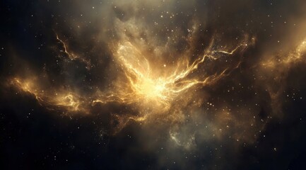 a dark background with gold particles and lights. a blurred image of an abstract galaxy in the cente