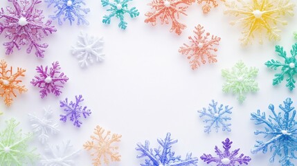 Leinwandbilder - Rainbow colored snowflakes with intricate designs are arranged around a blank space, creating an inviting winter scene ideal for creative projects. Generative AI