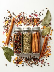 Poster - Small jars filled with colorful spices are surrounded by bay leaves and cinnamon sticks, creating an aromatic scene ideal for cooking and baking. Generative AI