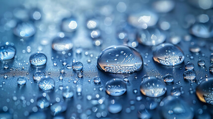 Wall Mural - Crisp image of clear blue water drops scattered on a textured blue surface with delicate reflections and details