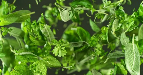 Poster - Super Slow Motion of Flying Fresh Herb Leaves. Filmed on High Speed Cinema Camera, 1000 fps. Camera Placed on High Speed Cine Bot, Rotating.
